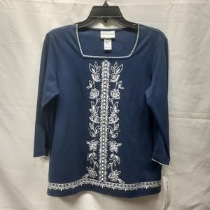 NWT Alfred Dunner Navy Blue White embroidery square neck 3/4 sleeve Boho top PS